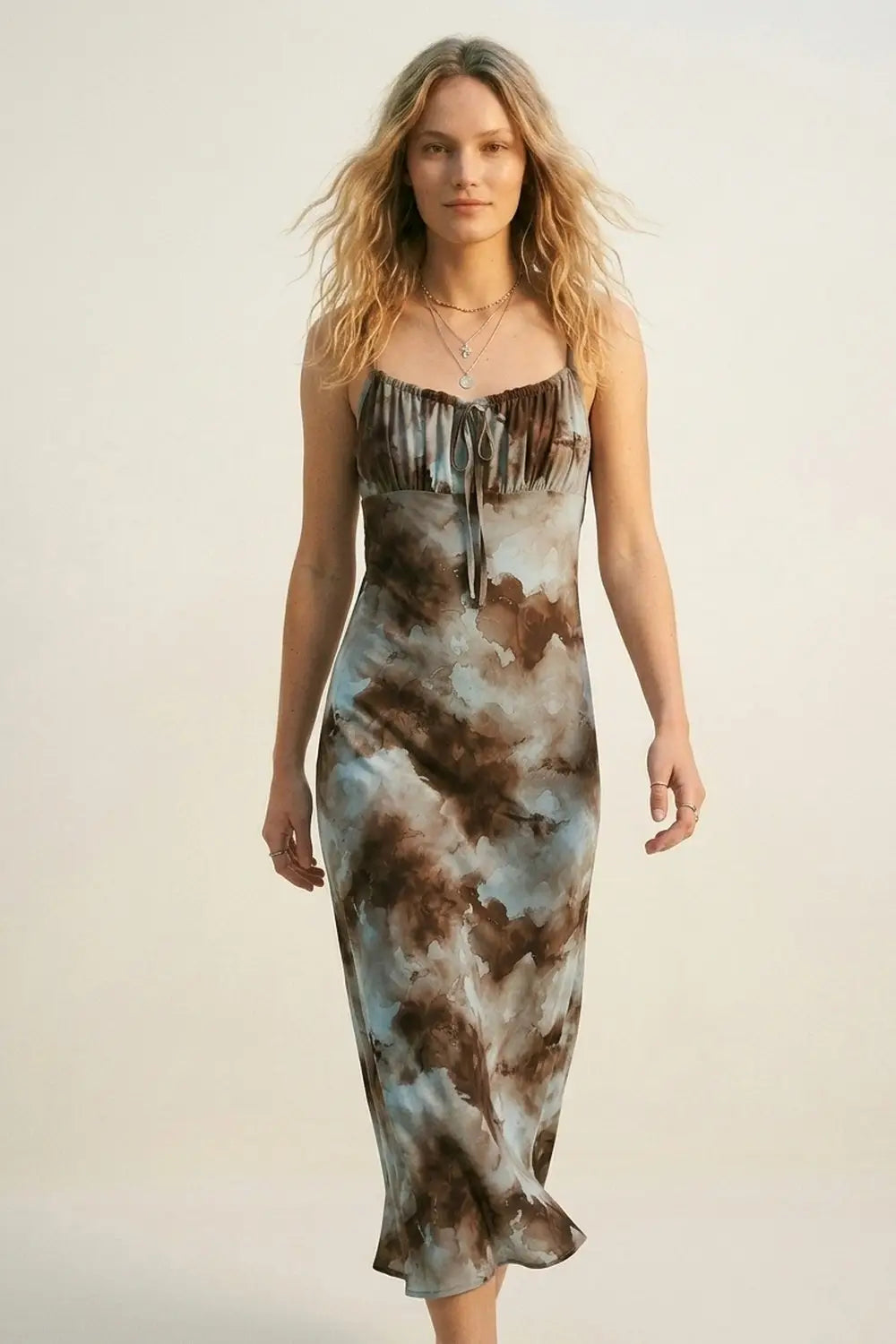 Blue Tie-Dye Maxi Slip Dress with Adjustable Straps - Dresses