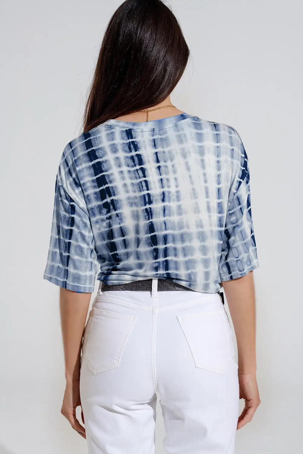 Blue Tie Dye printed t-shirt with knot on the front - Tops