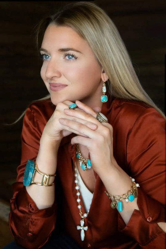 Blue Turquoise and White Pearl Multi Charm Golden Bracelet - Bracelets