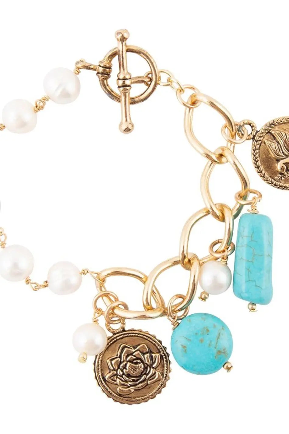 Blue Turquoise and White Pearl Multi Charm Golden Bracelet - Bracelets
