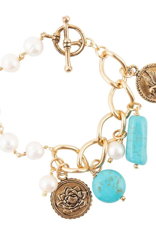 Blue Turquoise and White Pearl Multi Charm Golden Bracelet - Bracelets