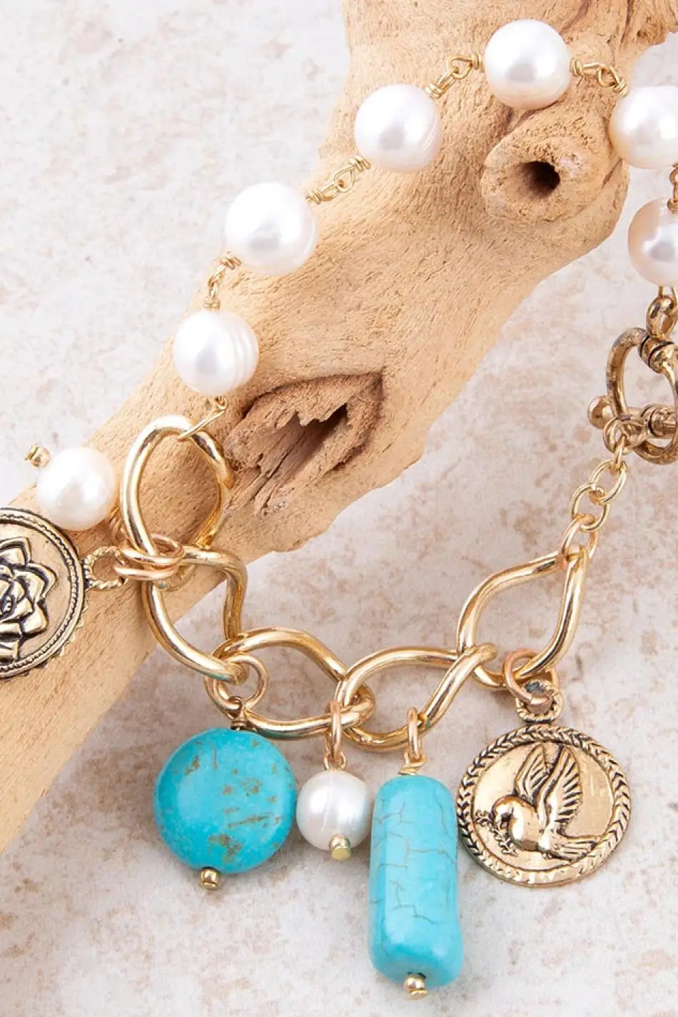 Blue Turquoise and White Pearl Multi Charm Golden Bracelet - Bracelets