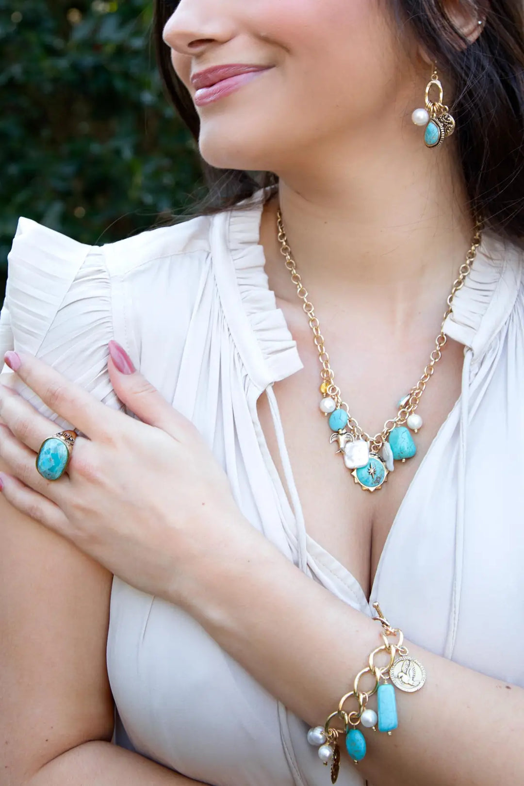 Blue Turquoise and White Pearl Multi Charm Golden Bracelet - Bracelets