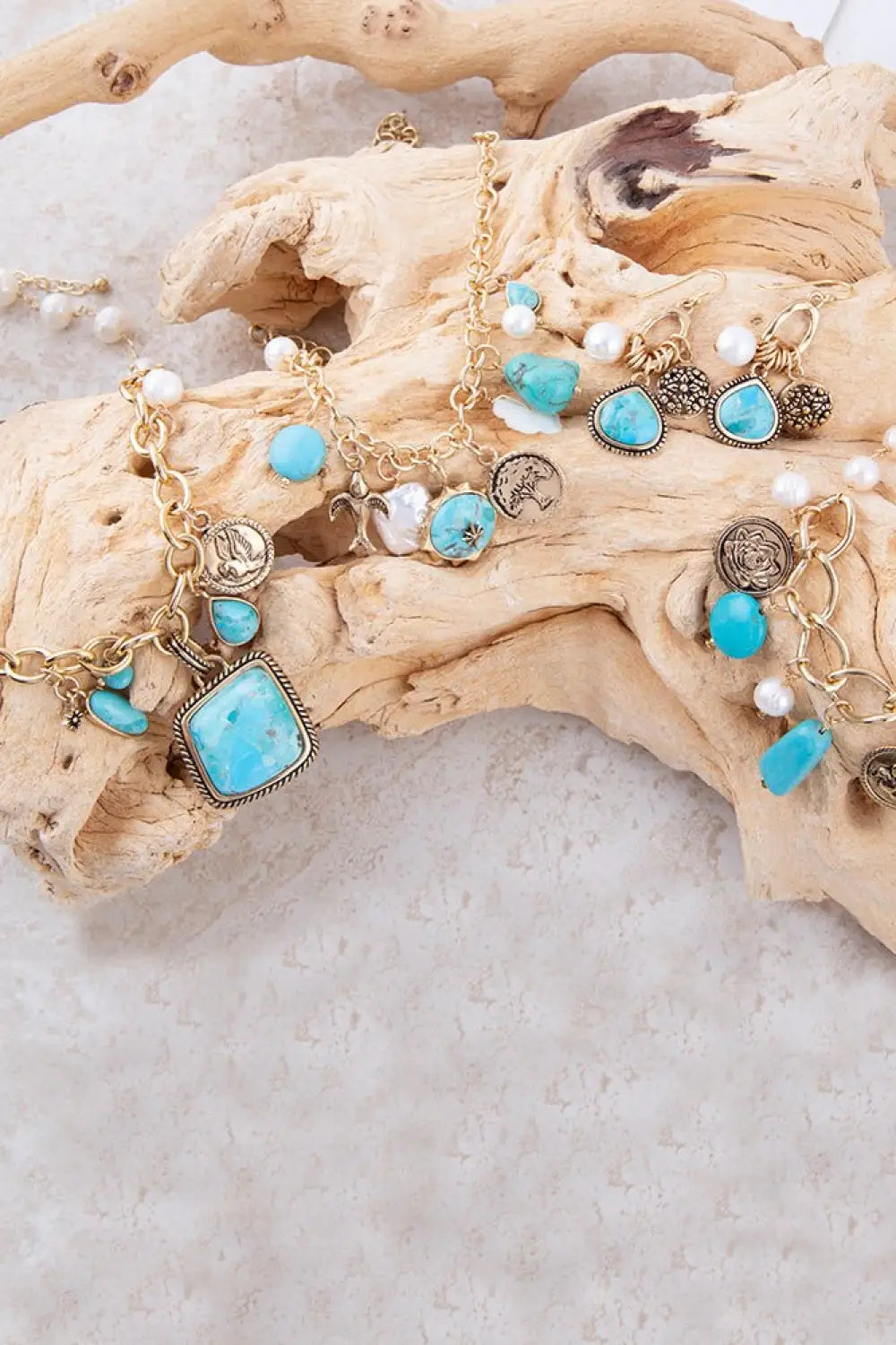 Blue Turquoise and White Pearl Multi Charm Golden Bracelet - Bracelets