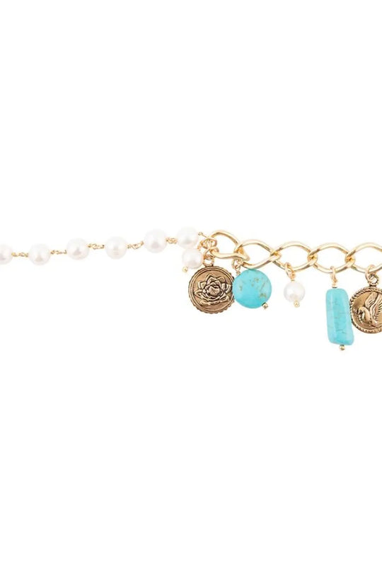 Blue Turquoise and White Pearl Multi Charm Golden Bracelet - Bracelets