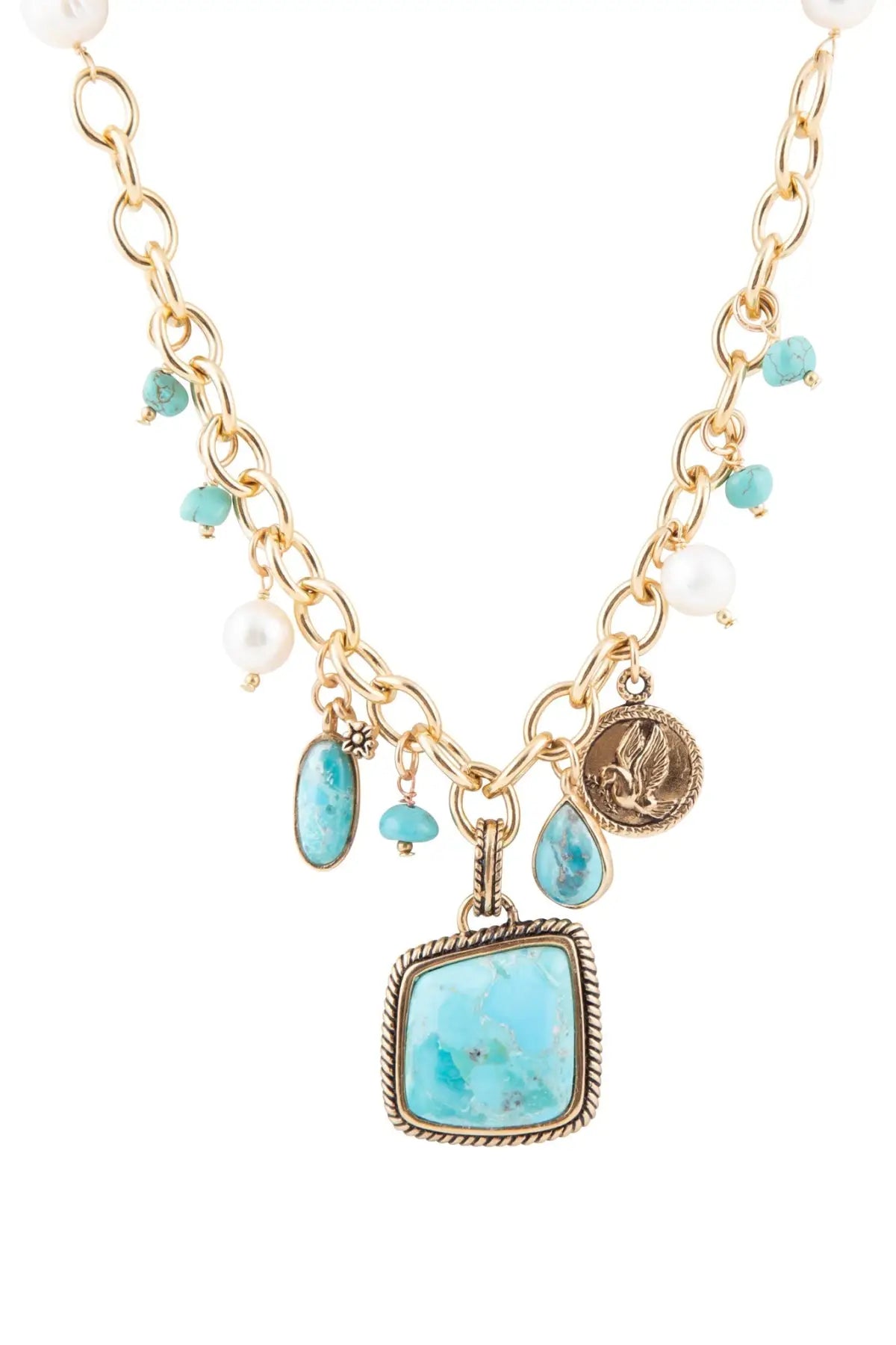 Blue Turquoise and White Pearl Multi Pendant Golden Necklace - Necklaces
