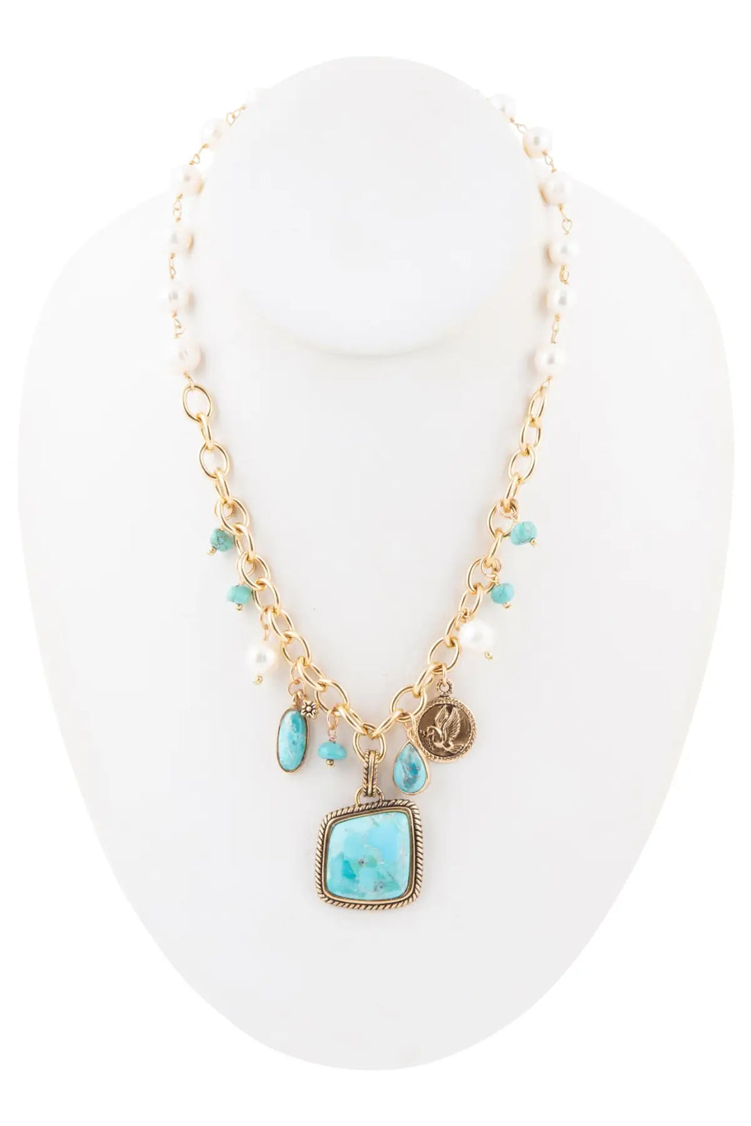 Blue Turquoise and White Pearl Multi Pendant Golden Necklace - Necklaces