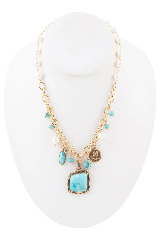 Blue Turquoise and White Pearl Multi Pendant Golden Necklace - Necklaces