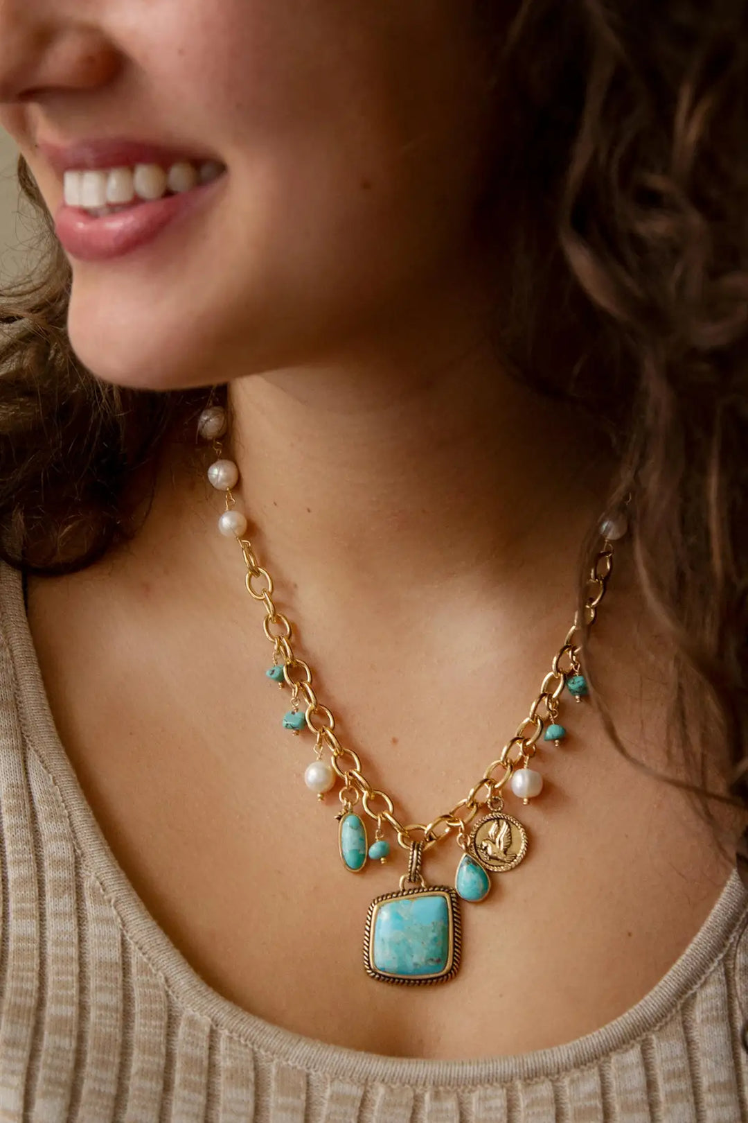 Blue Turquoise and White Pearl Multi Pendant Golden Necklace - Necklaces