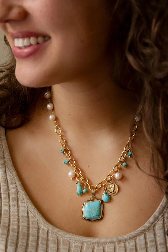 Blue Turquoise and White Pearl Multi Pendant Golden Necklace - Necklaces