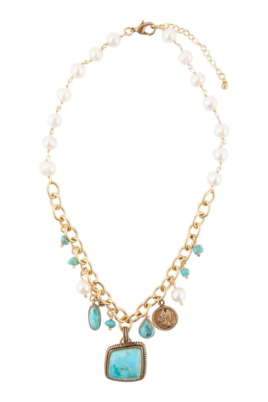 Blue Turquoise and White Pearl Multi Pendant Golden Necklace - Necklaces