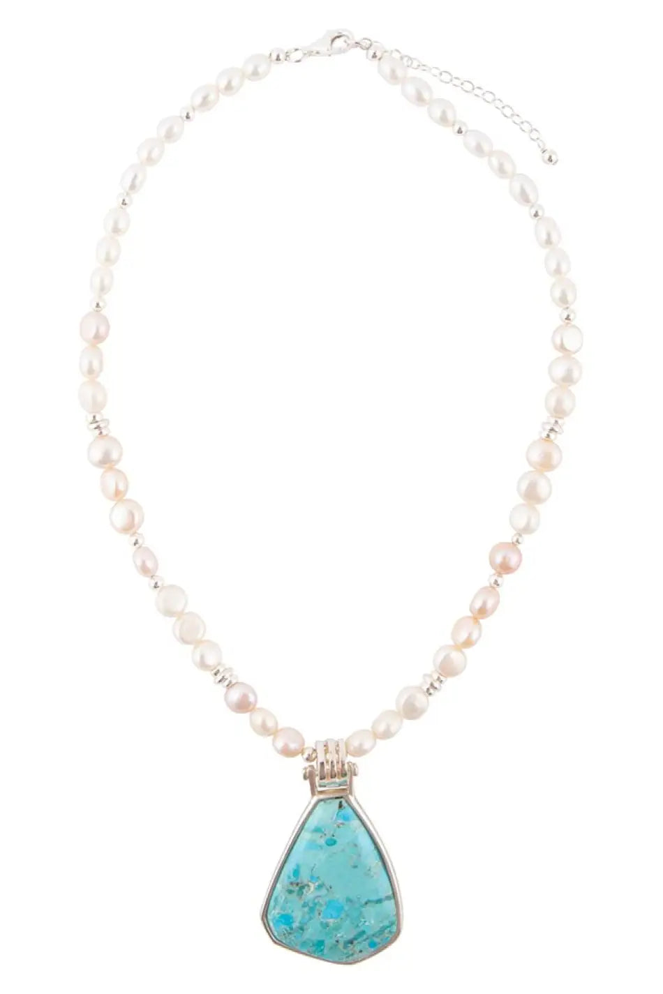 Blue Turquoise Pendant and White Pearl Sterling Silver Necklace - Necklaces