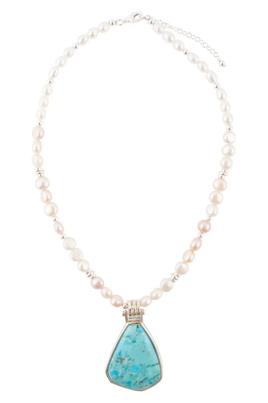 Blue Turquoise Pendant and White Pearl Sterling Silver Necklace - Necklaces