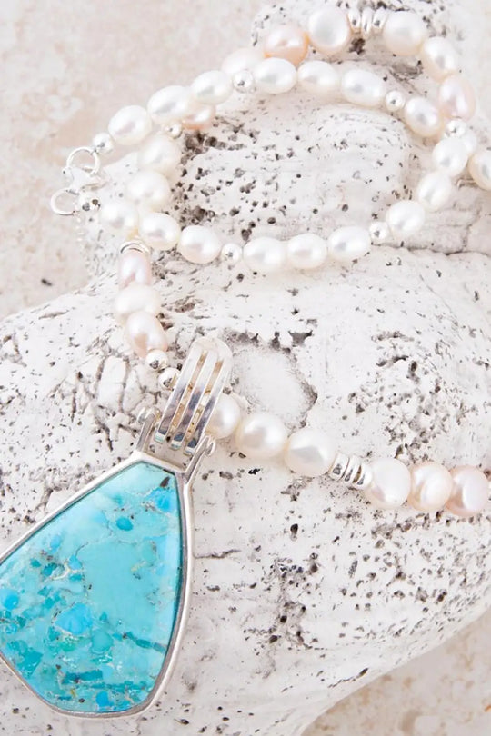 Blue Turquoise Pendant and White Pearl Sterling Silver Necklace - Necklaces