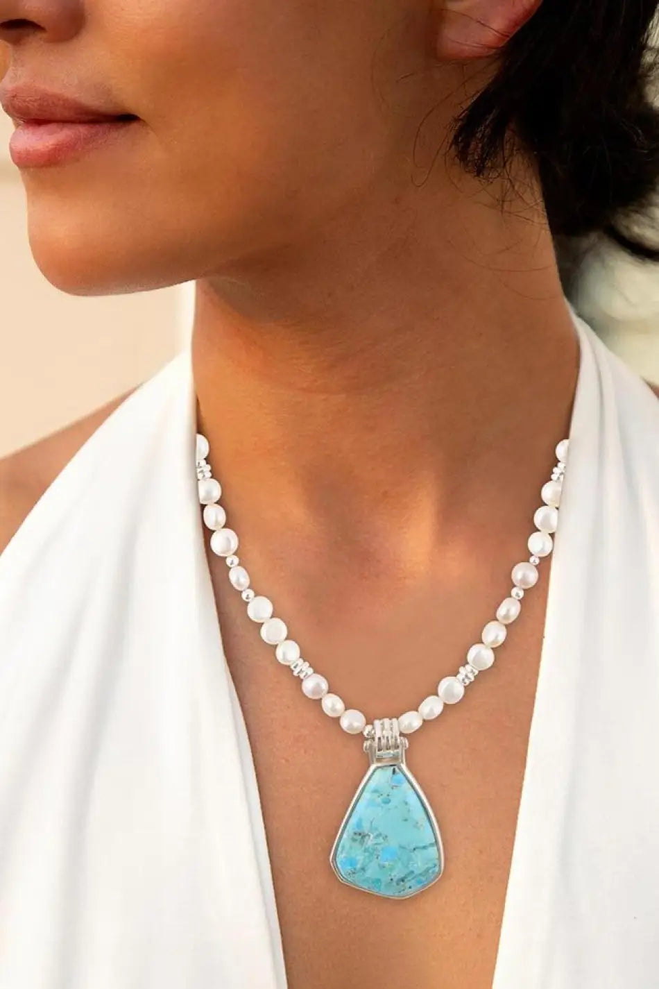 Blue Turquoise Pendant and White Pearl Sterling Silver Necklace - Necklaces