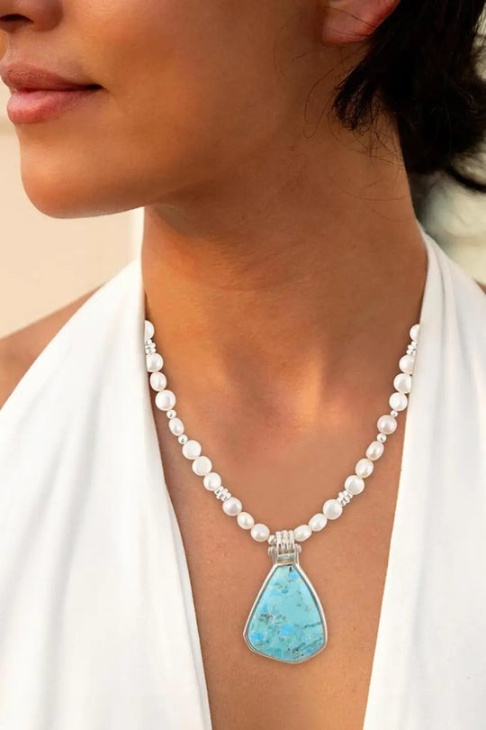 Blue Turquoise Pendant and White Pearl Sterling Silver Necklace - Necklaces