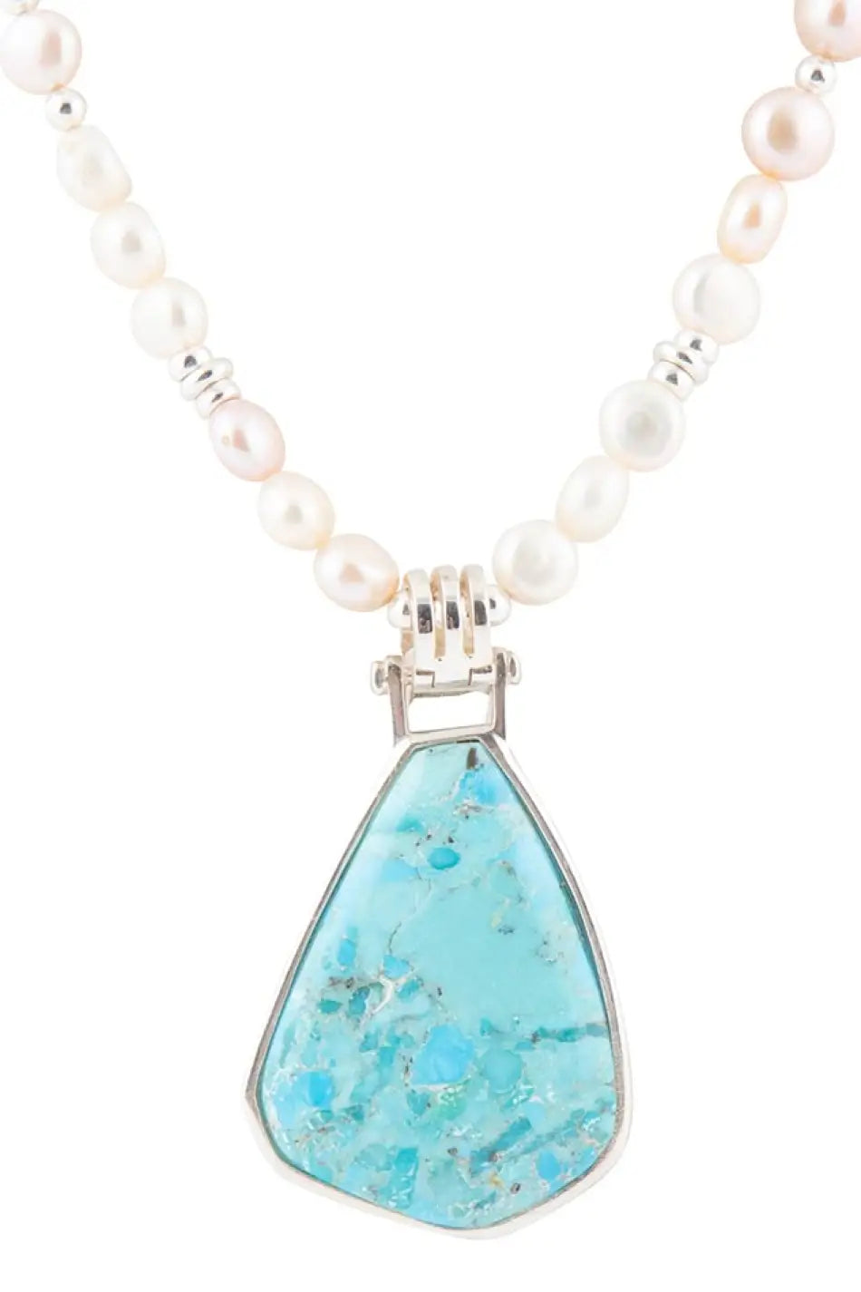 Blue Turquoise Pendant and White Pearl Sterling Silver Necklace - Necklaces