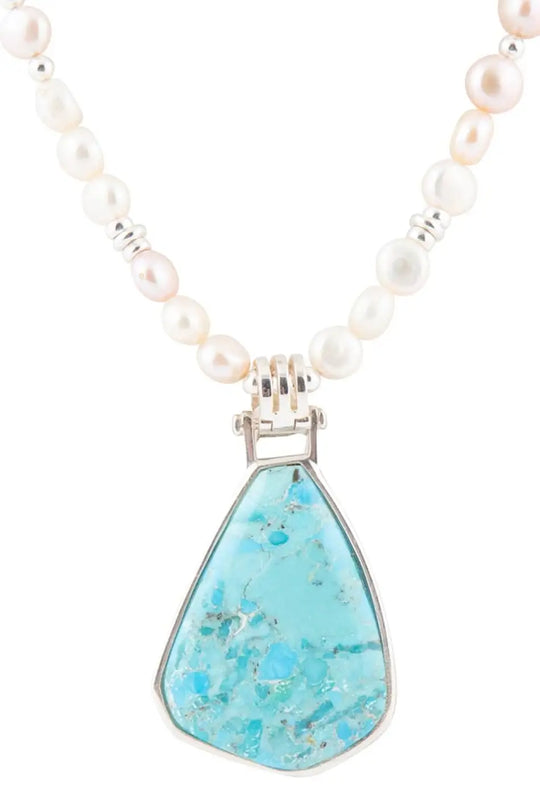 Blue Turquoise Pendant and White Pearl Sterling Silver Necklace - Necklaces