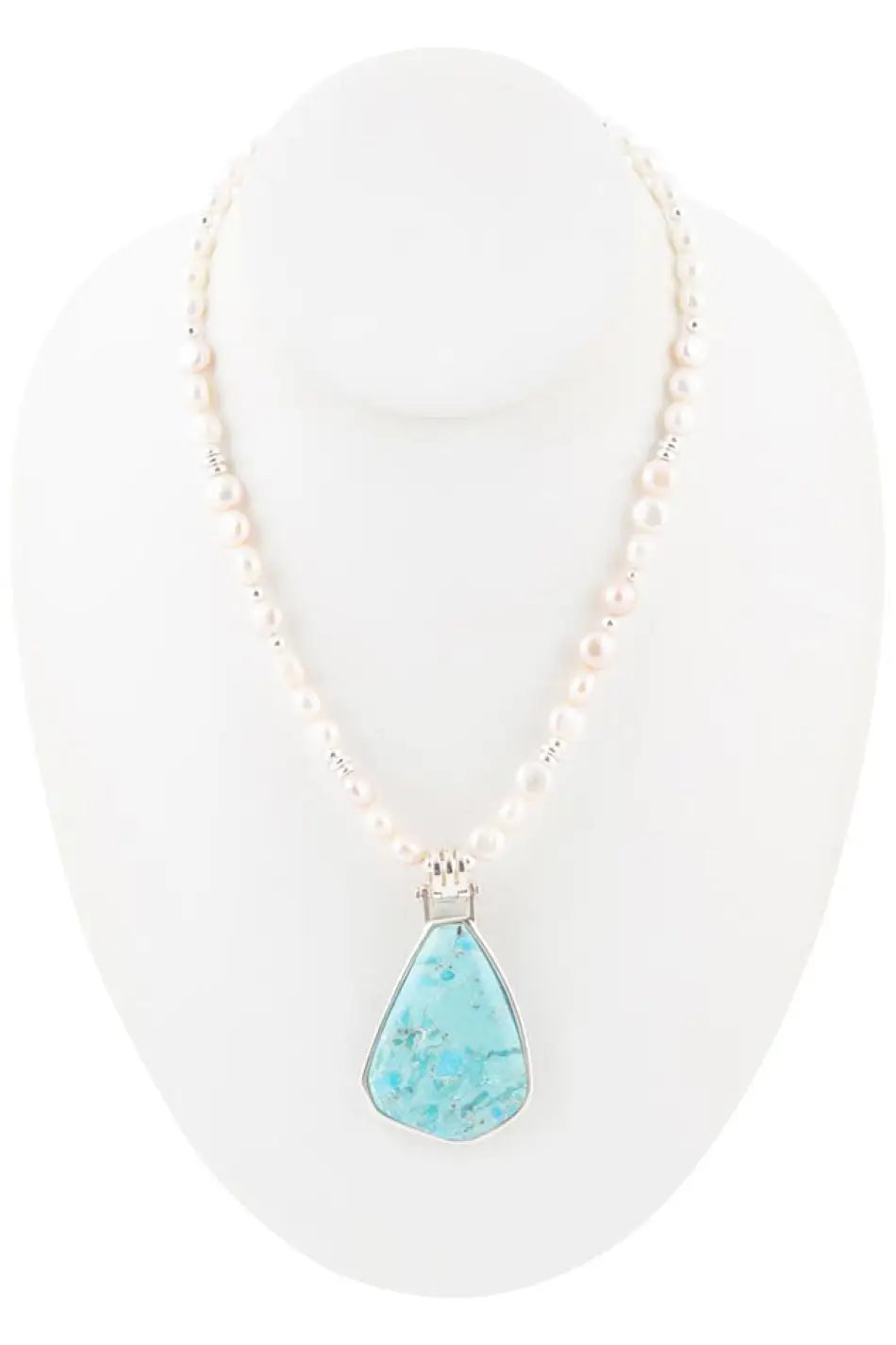 Blue Turquoise Pendant and White Pearl Sterling Silver Necklace - Necklaces