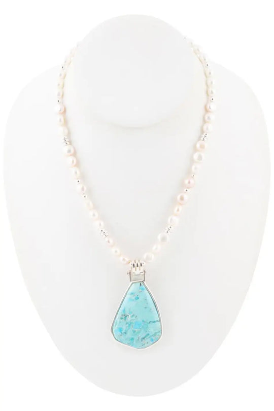 Blue Turquoise Pendant and White Pearl Sterling Silver Necklace - Necklaces