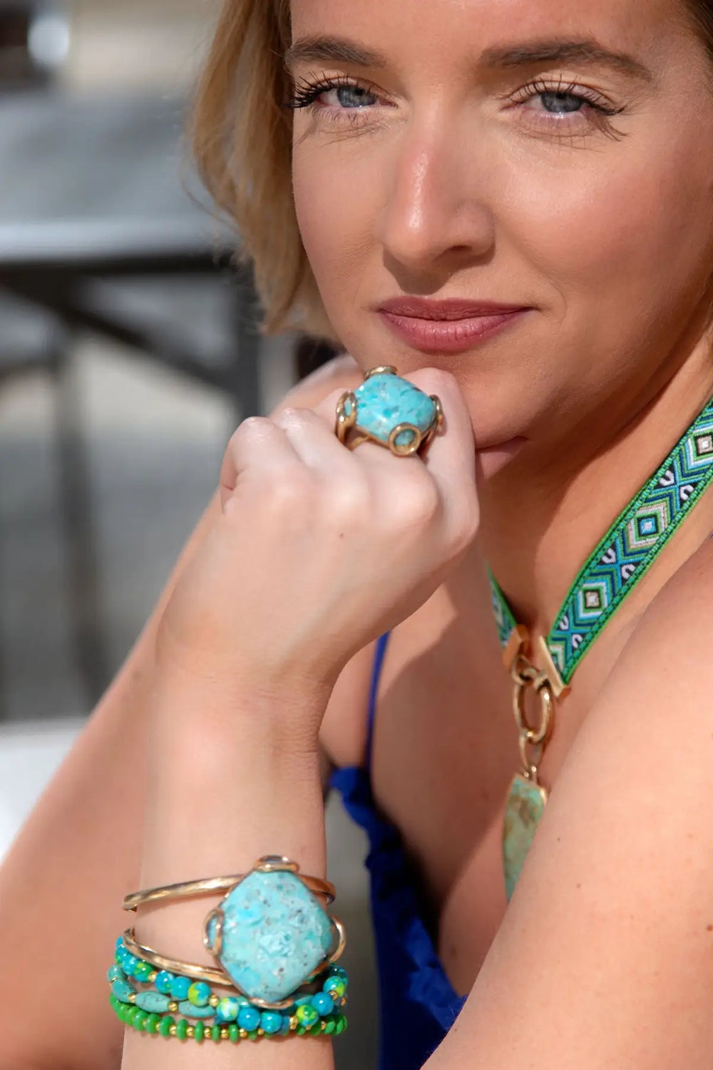 Blue Turquoise Rhombus Statement Cuff Bracelet - Bracelets