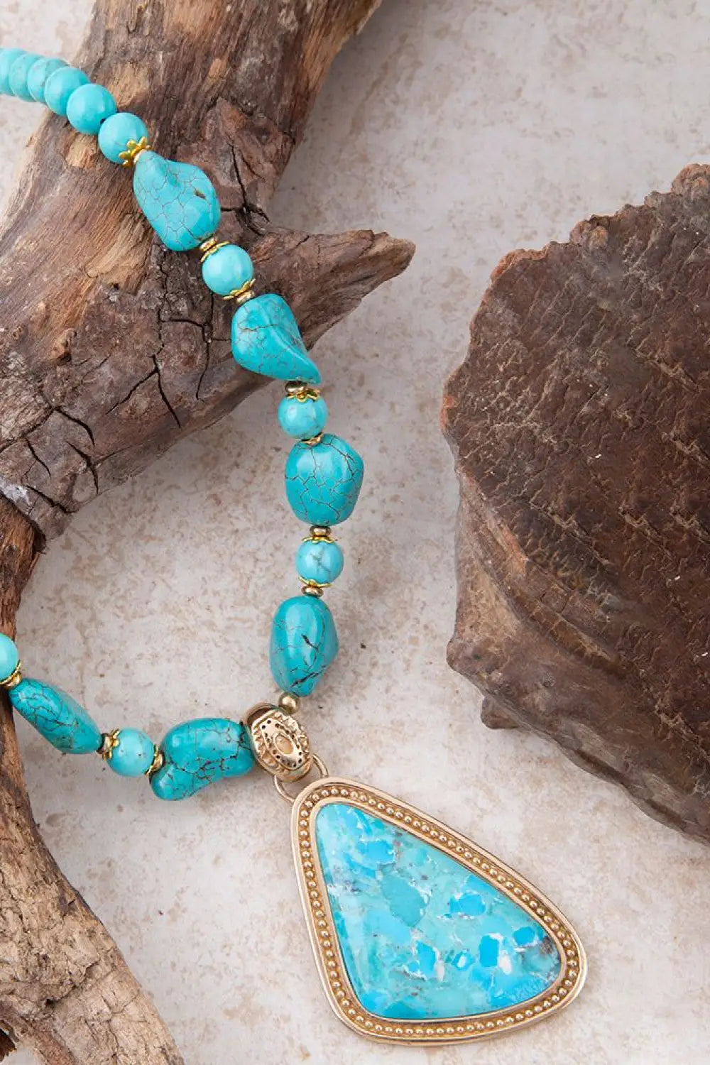 Blue Turquoise Triangle Golden Pendant Necklace - Necklaces