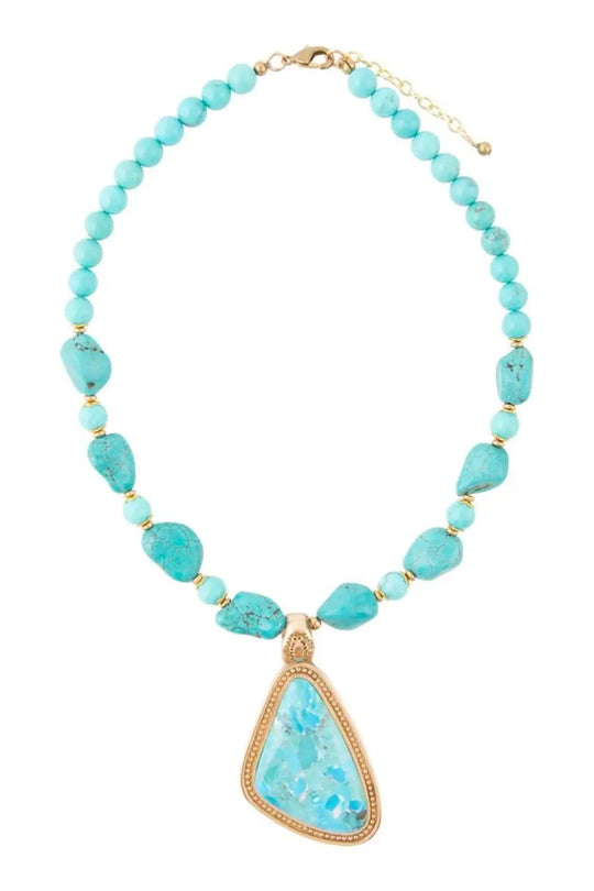 Blue Turquoise Triangle Golden Pendant Necklace - Necklaces