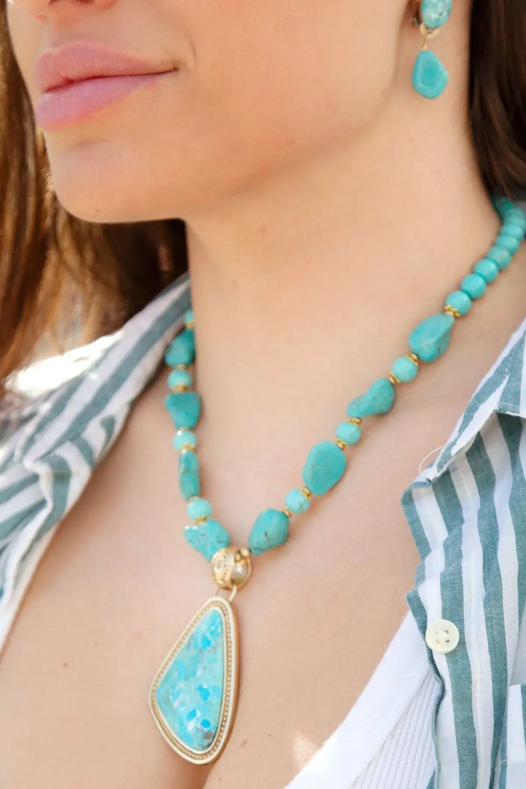 Blue Turquoise Triangle Golden Pendant Necklace - Necklaces