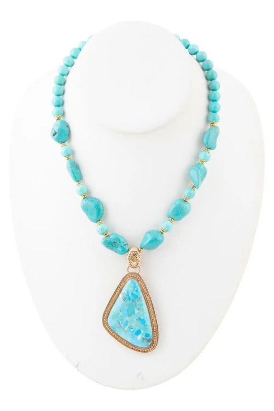 Blue Turquoise Triangle Golden Pendant Necklace - Necklaces