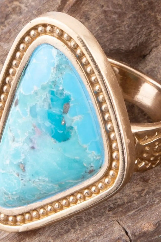 Blue Turquoise Triangle Golden Statement Ring - Rings