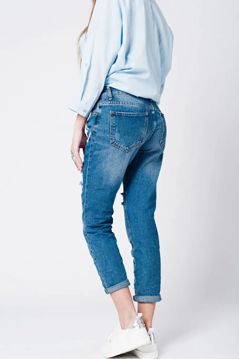 Blue wash mom jeans bird embroidery - Jeans
