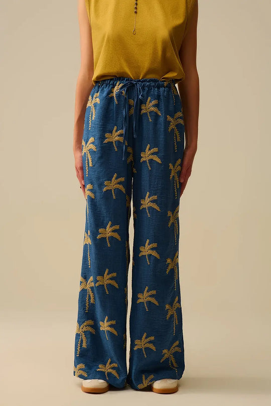 Q2 Blue Wide-Leg Trousers with beige Palm Tree Embroidery