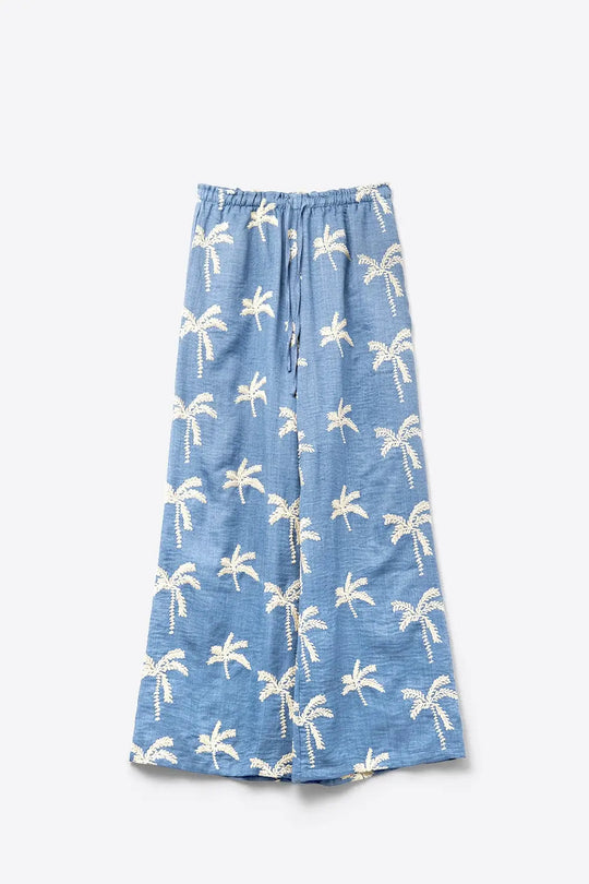 Blue Wide-Leg Trousers with beige Palm Tree Embroidery - Pants