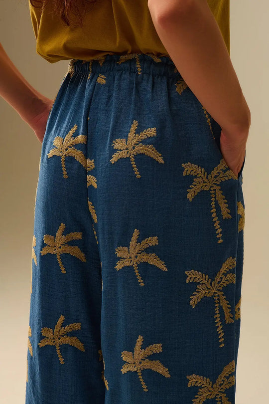 Blue Wide-Leg Trousers with beige Palm Tree Embroidery - Pants