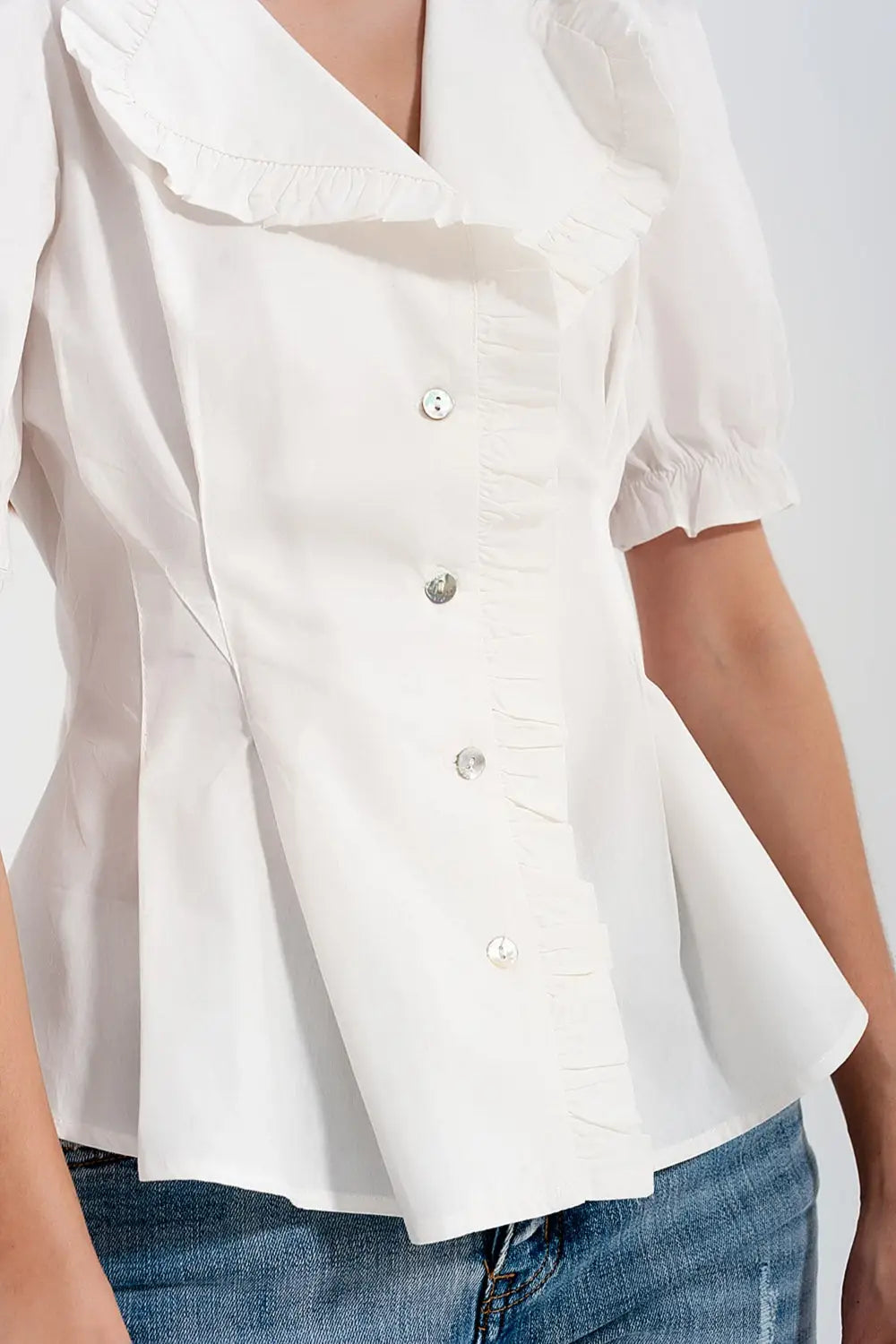 Blusa avvolgente in popeline con volant colore blanche - Tee-Shirt