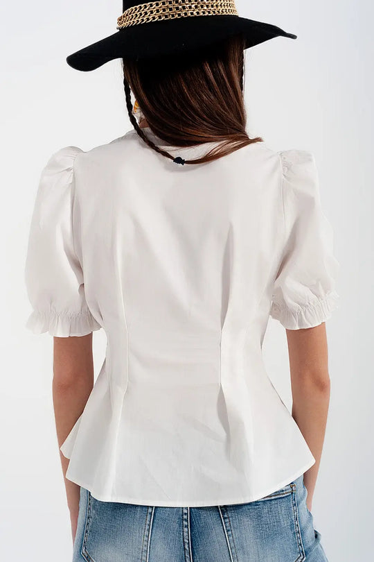 Blusa avvolgente in popeline con volant colore blanche - Tee-Shirt