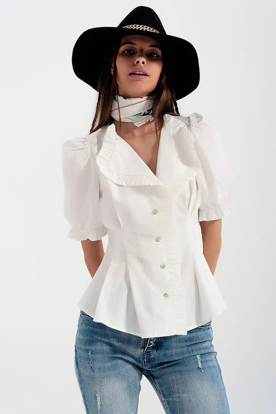 Q2 Blusa avvolgente in popeline con volant colore blanche