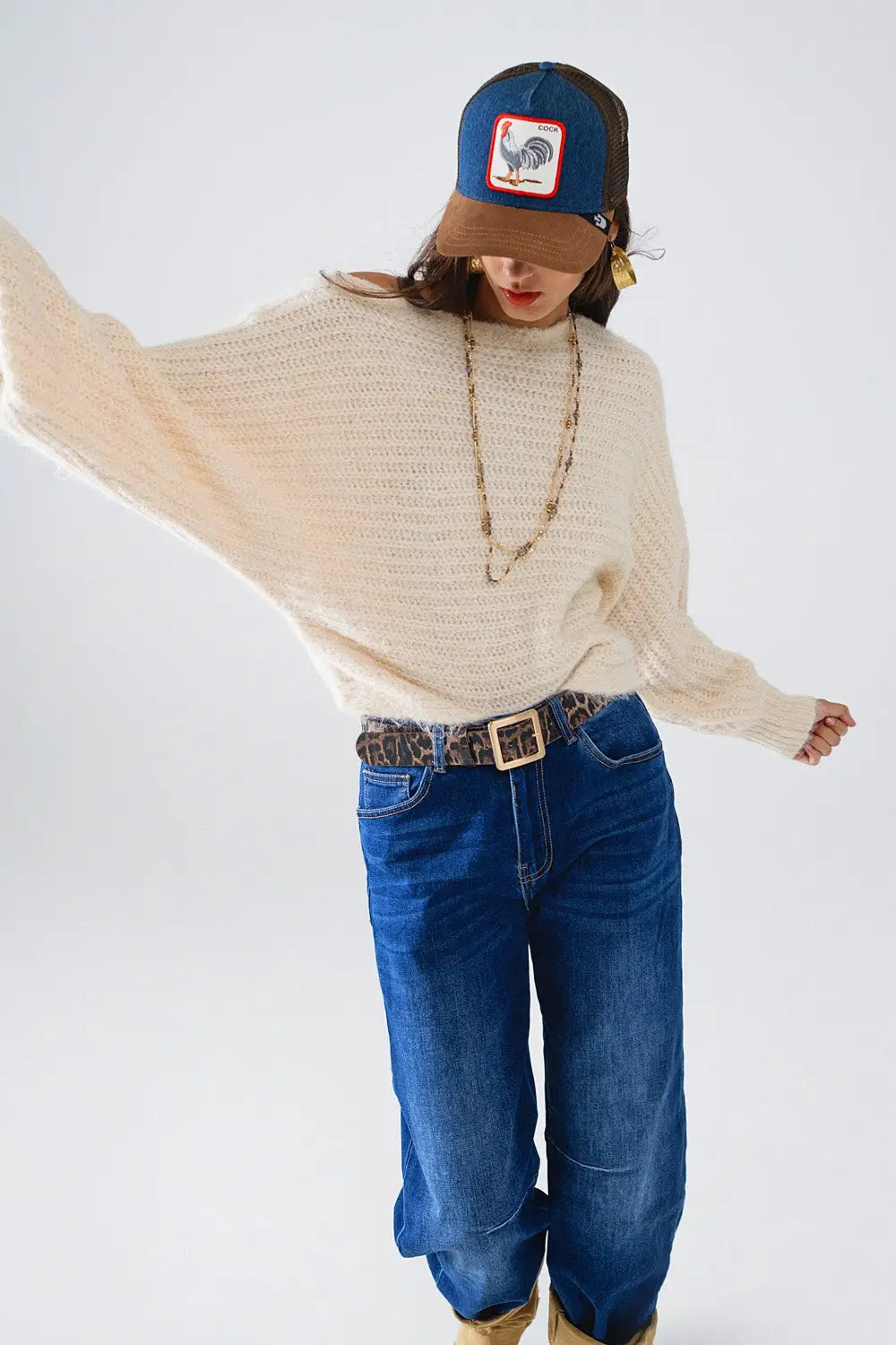 Q2 Boat Neck Chunky Rib Sweater in Cream