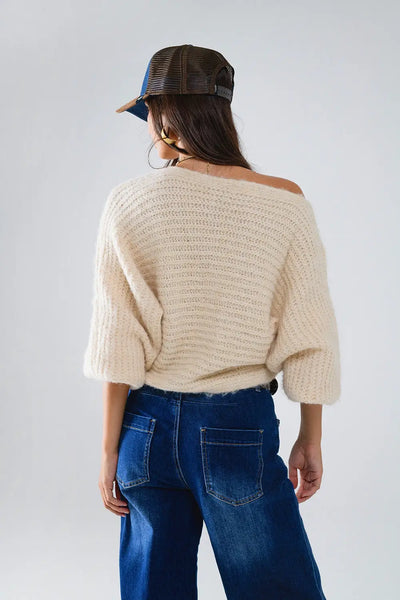 Boat Neck Chunky Rib Sweater in Cream - One Size / Beige - Sweaters