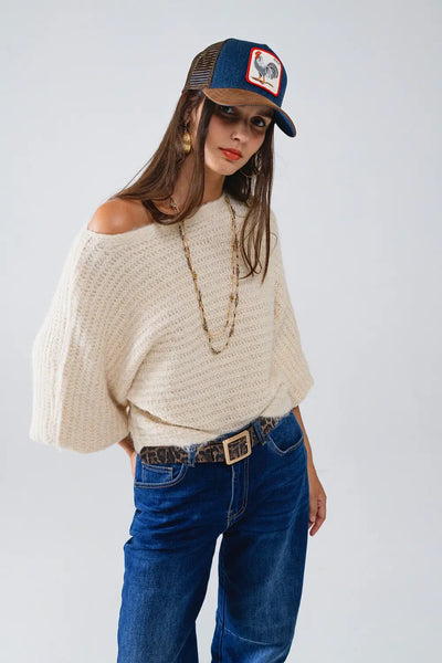 Boat Neck Chunky Rib Sweater in Cream - One Size / Beige - Sweaters