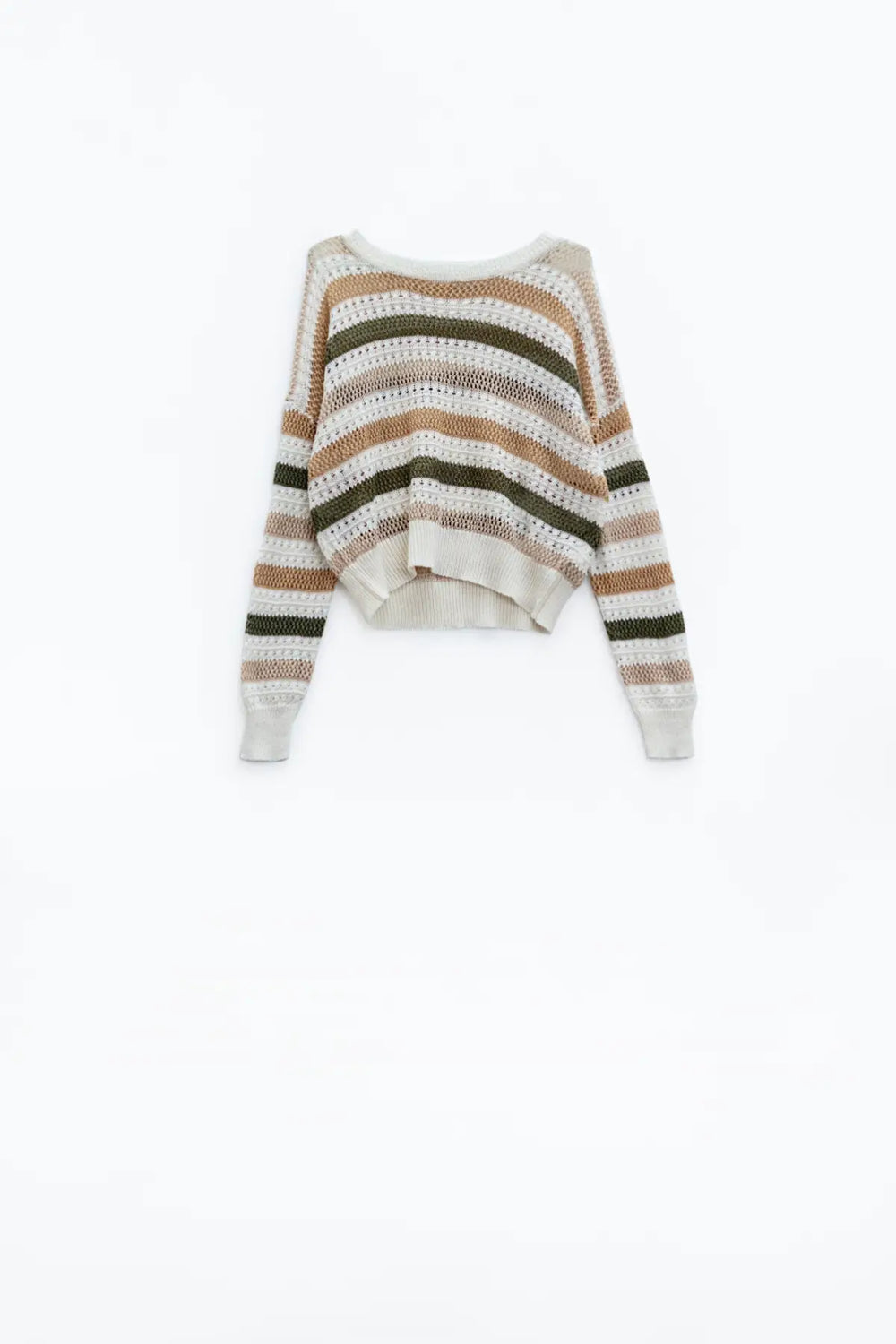 Boat Neck Long Sleeve Crochet White Sweater With Brown Stripes - One Size / Beige - Sweaters