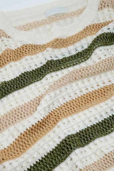 Boat Neck Long Sleeve Crochet White Sweater With Brown Stripes - One Size / Beige - Sweaters