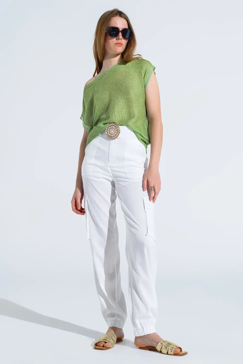 Boat Neck Ribbed Sweater With Cap Sleeves in Green - One Size / Green - Sweaters