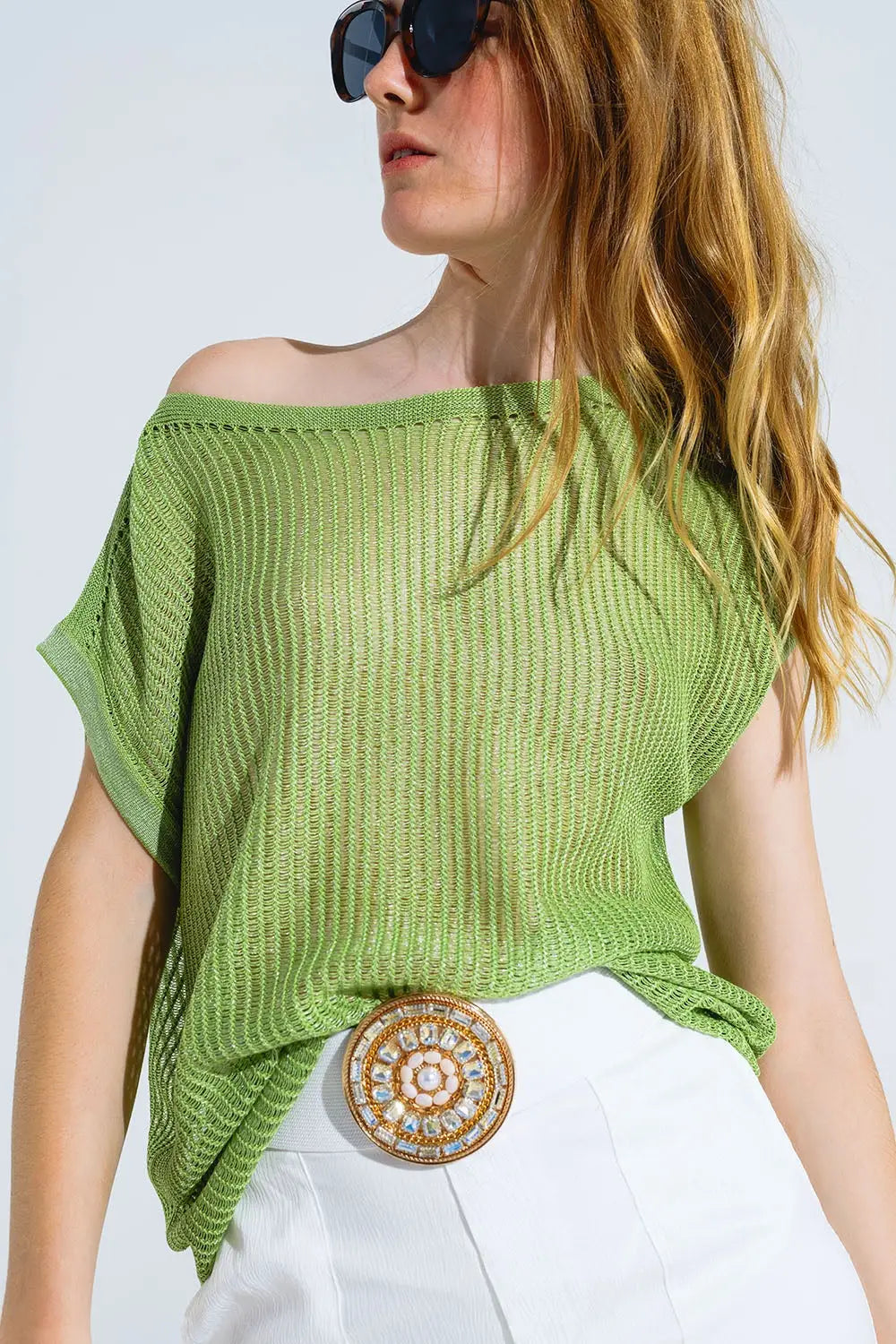 Boat Neck Ribbed Sweater With Cap Sleeves in Green - One Size / Green - Sweaters