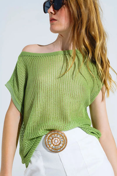 Boat Neck Ribbed Sweater With Cap Sleeves in Green - One Size / Green - Sweaters