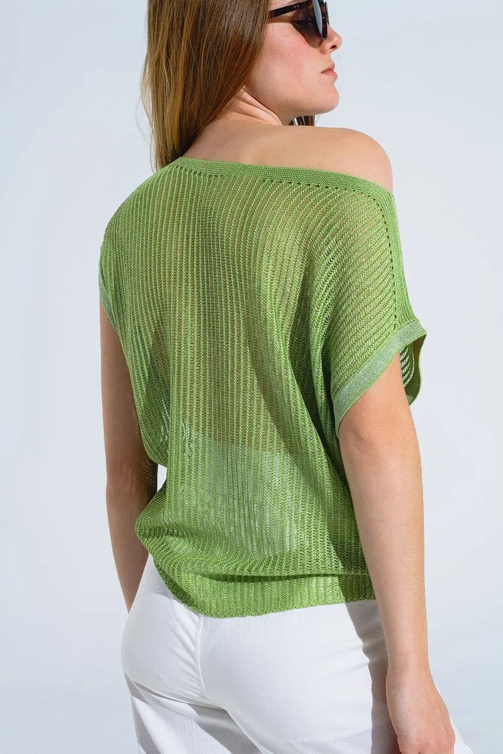 Boat Neck Ribbed Sweater With Cap Sleeves in Green - One Size / Green - Sweaters