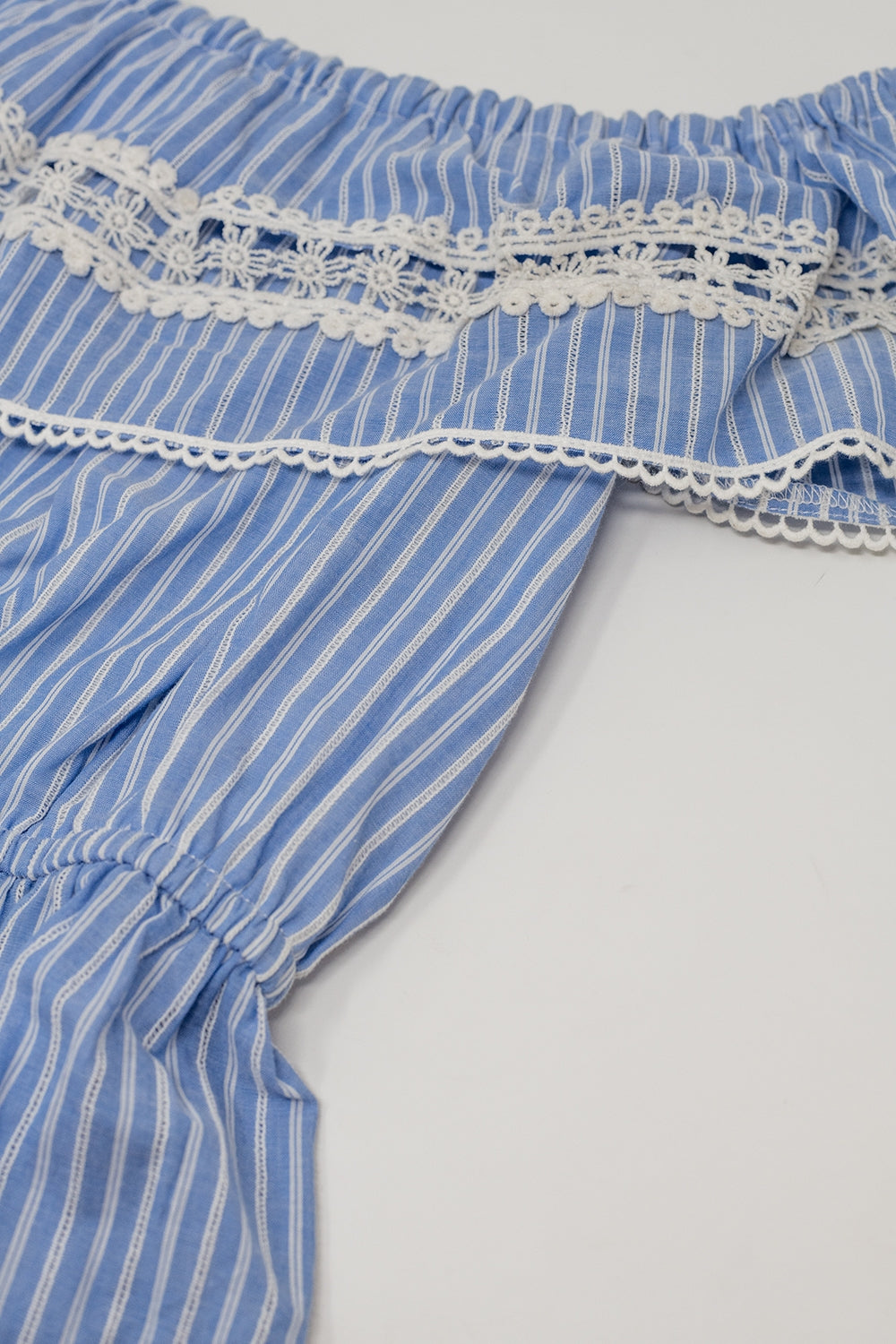 boat neck top in blue stripes with lace detail