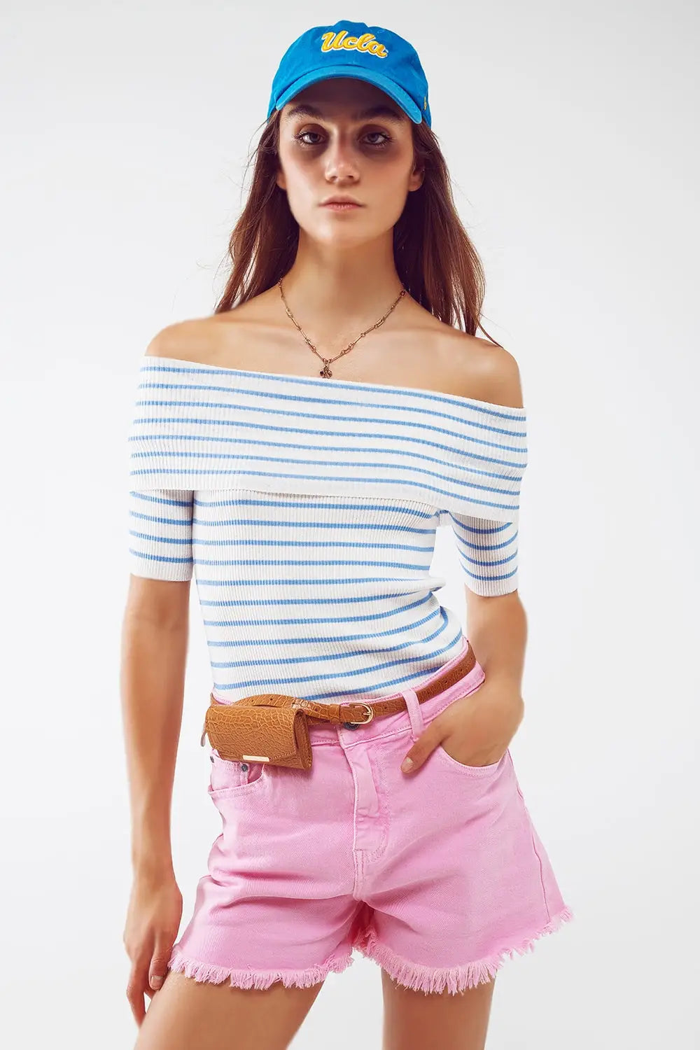 Boatneck Striped 3/4 Sleeve Shirt in Blue - Sweaters