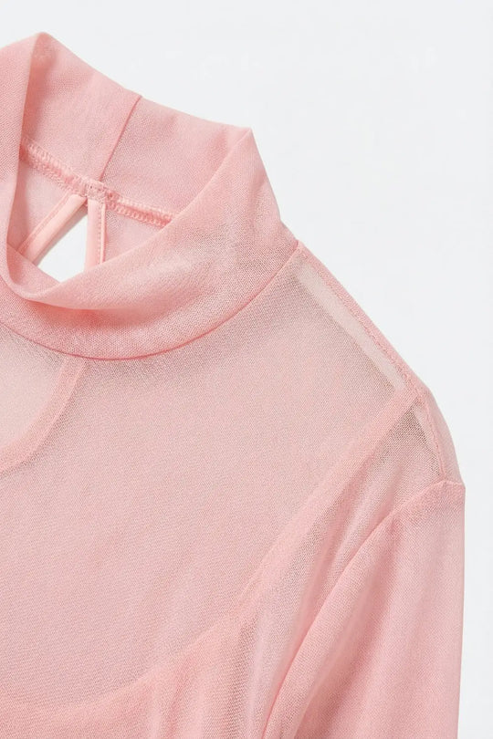 Body à manches longues en maille transparente rose avec col ras du cou - Tops
