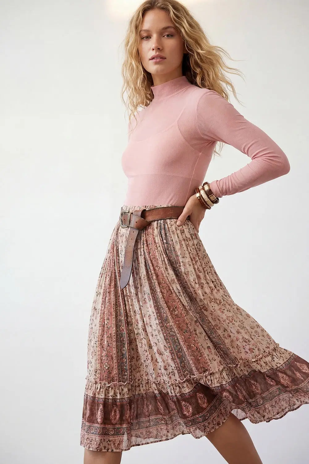 Body à manches longues en maille transparente rose avec col ras du cou - Tops